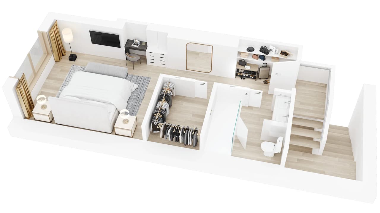 3D Floor Plan Visualization of a spacious hotel bedroom suite with walk in wardrobe and bathroom