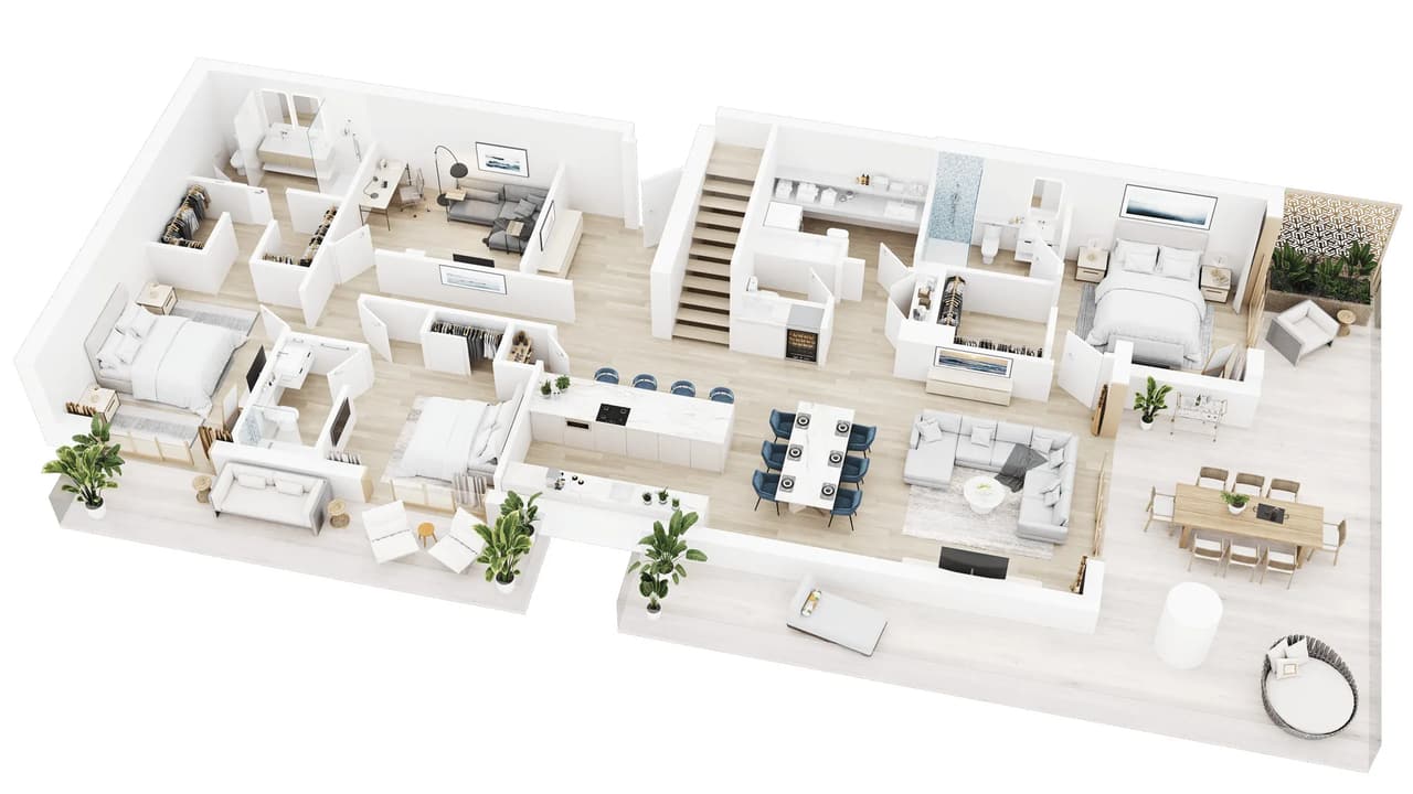 3D Floor Plan Rendering of a multi level hotel suite with bedrooms, lounge zones, and interior stairs