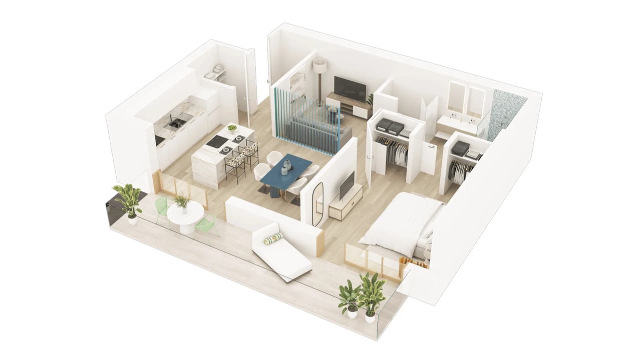 3D Floor Plan Visualization of a modern hotel suite with dining area, bedroom, and private outdoor space