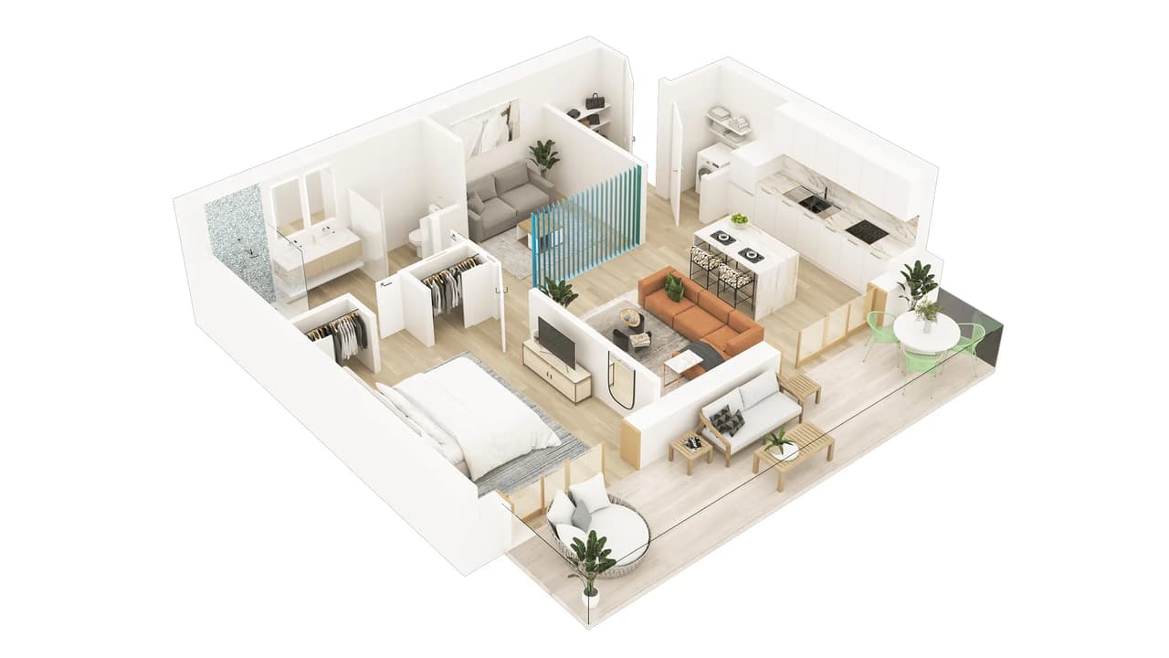 3D Floor Plan Rendering of an open concept hotel suite with kitchen island, lounge, and sleeping zone