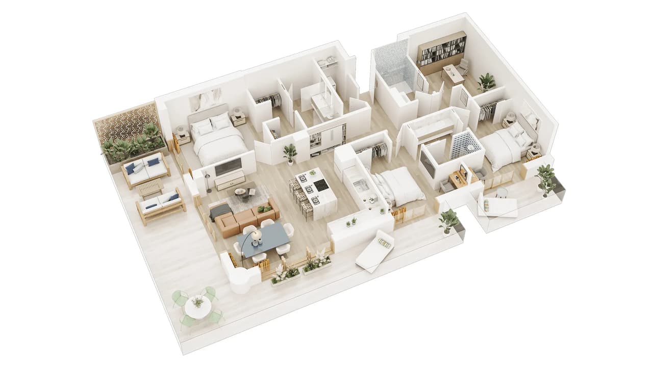 3D Floor Plan Visualization of a premium hotel suite featuring a bedroom, lounge area, and terrace