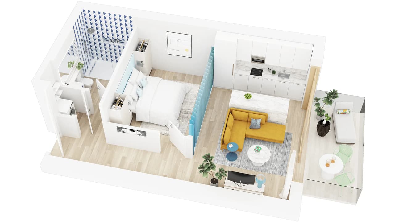 3D floor plan rendering for a One GT hotel suite, Cayman Islands