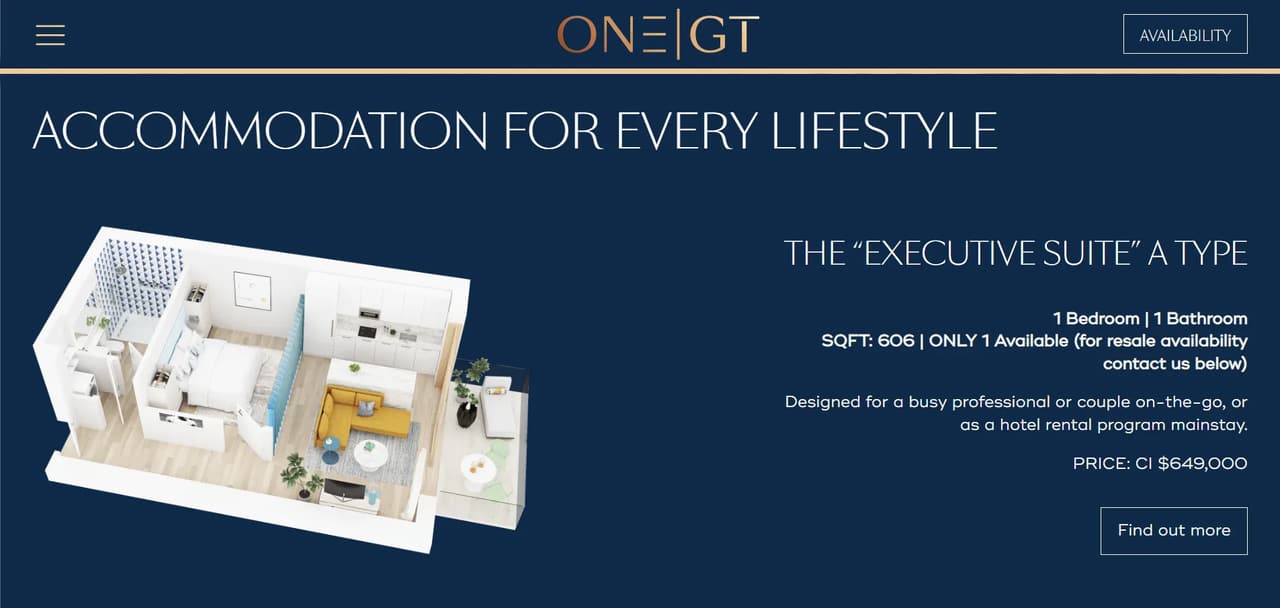 One GT Hotel 3D Visualization showing a suite floor plan featured on a residential unit marketing page