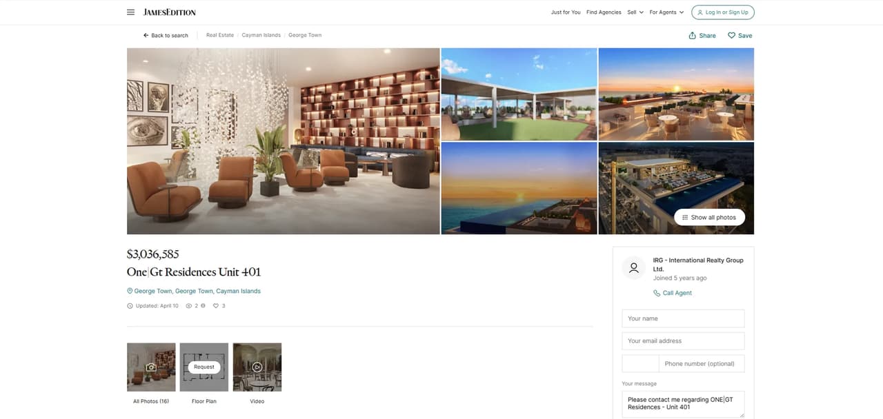 One GT Hotel on a JamesEdition unit listing page with interior, terrace, and rooftop visuals