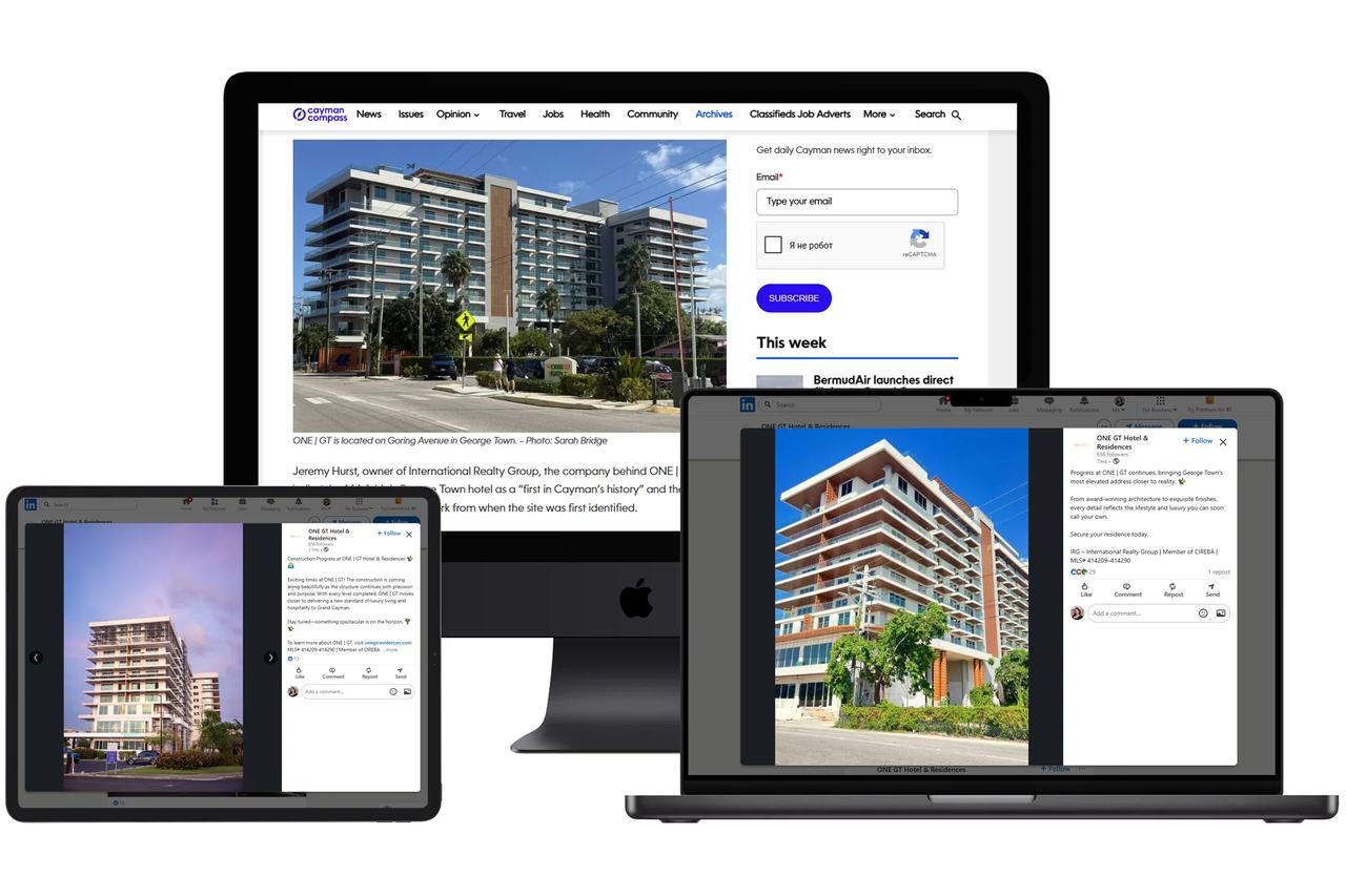 Press and social media publications showing hospitality architectural rendering company work for a hotel project