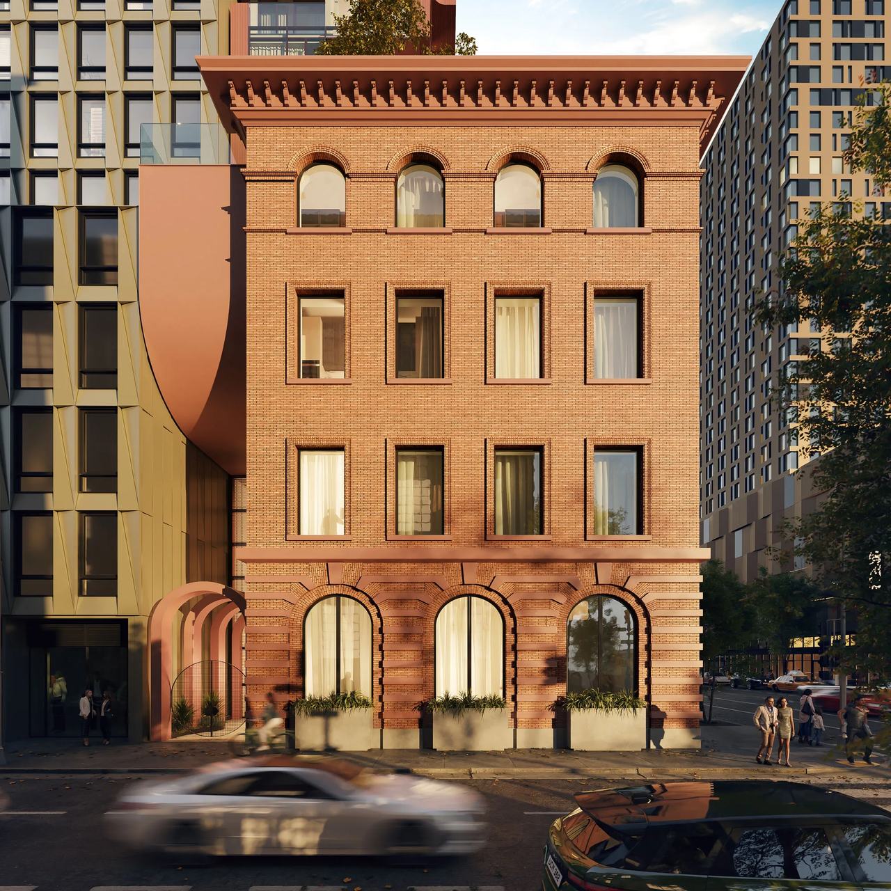 This streetscape rendering shows a red brick facade with arched windows and storefronts in Manhattan, NYC