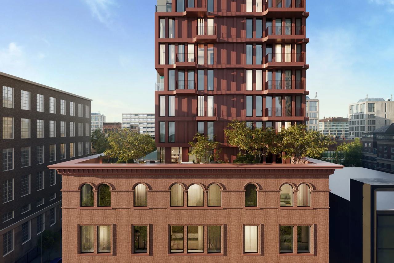 Streetscape rendering showing upper-floor balconies and a rooftop terrace in Manhattan, NYC