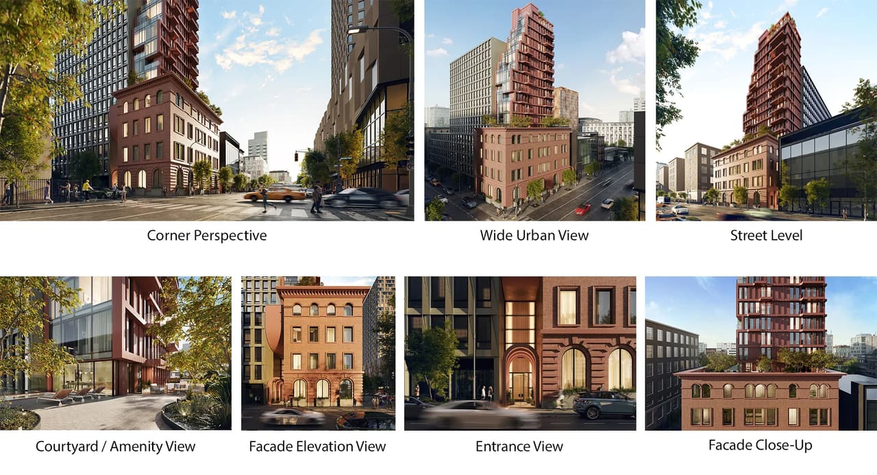 Multiple streetscape rendering views showcase the mixed use development from street level, corner, facade, and courtyard perspectives