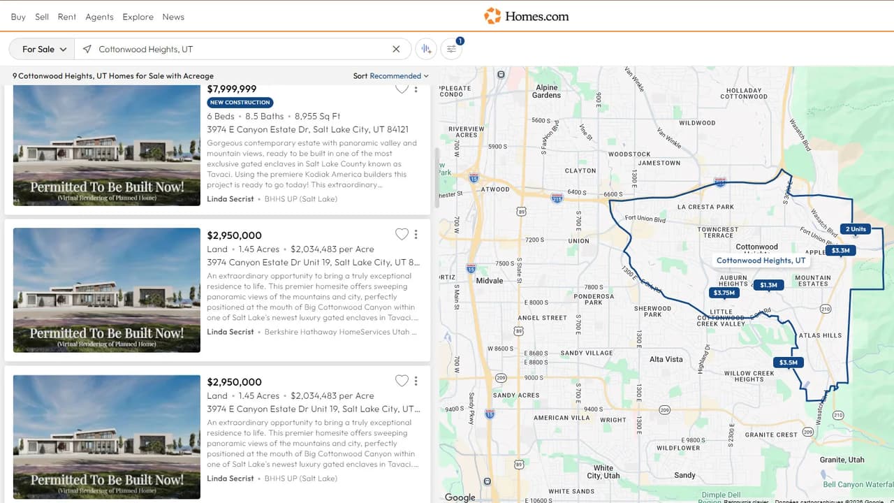Search results with a map and listing cards using a 3D photomontage render as their cover