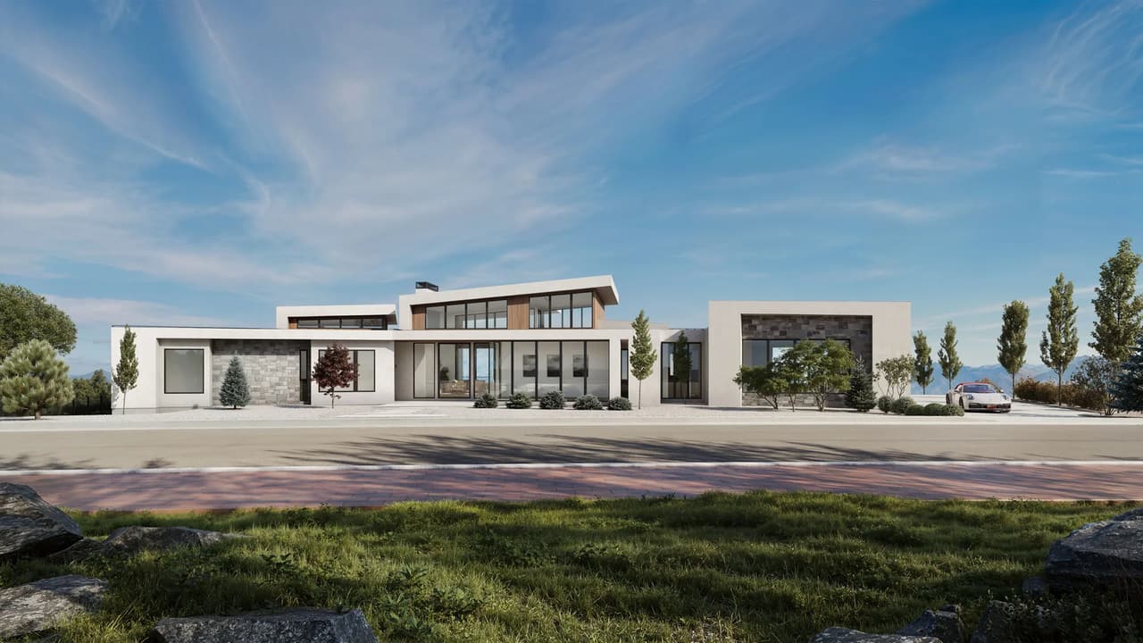 Street-level 3D photomontage of a flat-roofed luxury residence with stone accents and glass walls