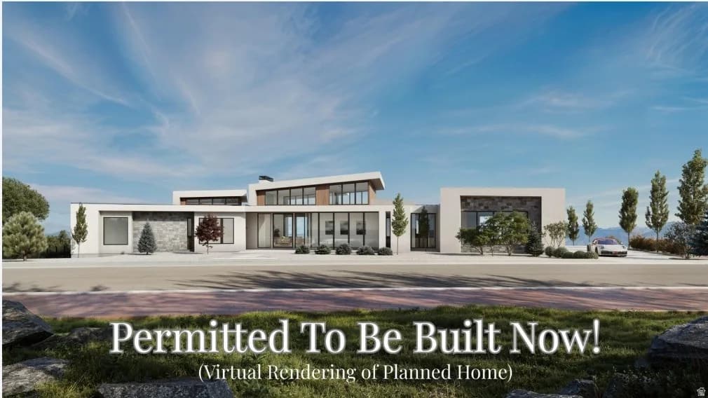 3D rendering of the planned modern home used in the real estate listing, marked 'Permitted to Be Built Now'