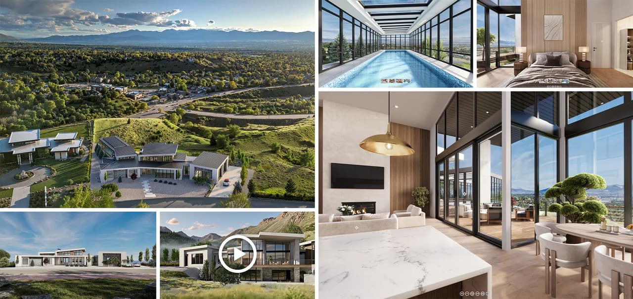 A collage of 3D photomontage renders showing aerial, exterior, and interior views of a modern Utah home