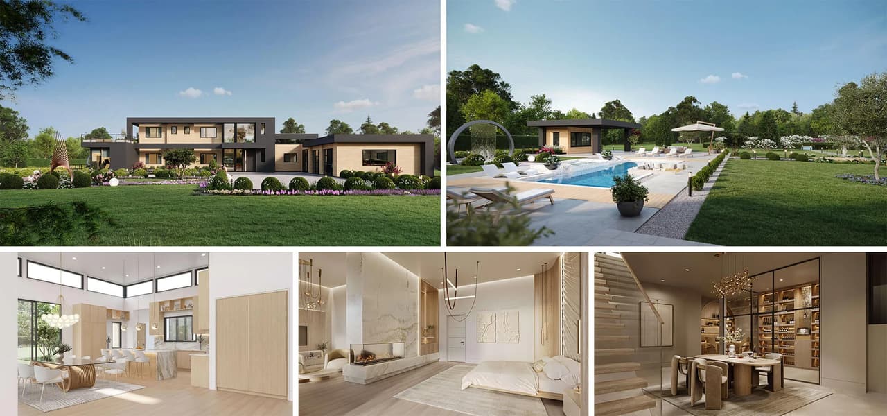 Collage of pre-construction renderings for The Oakview Reserve: exterior views, pool area, kitchen, primary suite, and wine tasting room