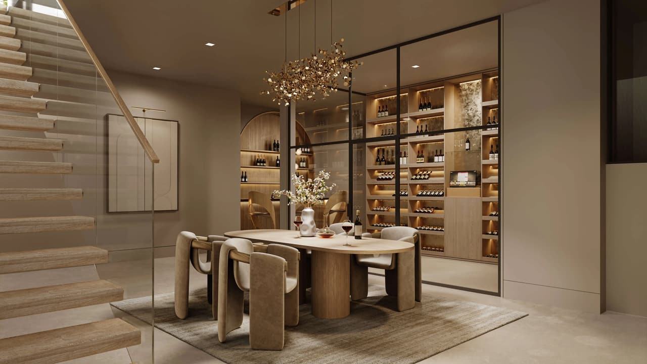 Wine tasting room rendering with glass-enclosed climate-controlled wine display and eSommelier system