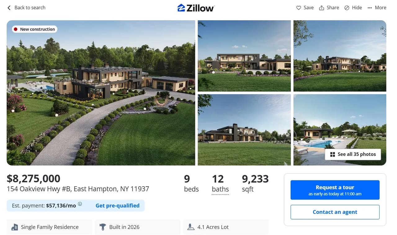 The Oakview Reserve listing on Zillow featuring pre-construction renderings of the estate
