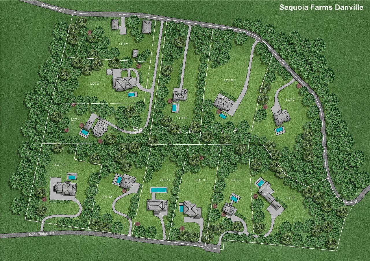 2D master plan rendering of Sequoia Farms subdivision in Danville, PA, with 12 lots, proposed homes, pools, and landscaping in a top-down view
