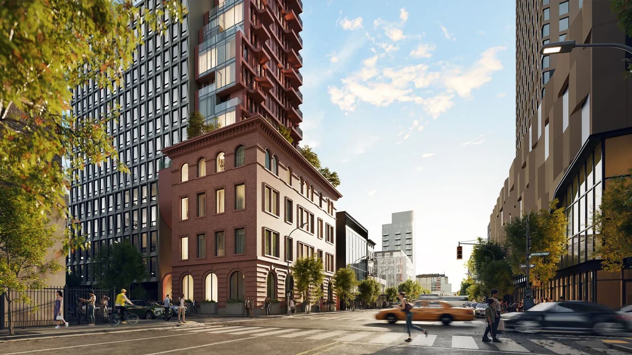 Exterior 3D render of a mixed use tower with a preserved brick facade in Lower Manhattan