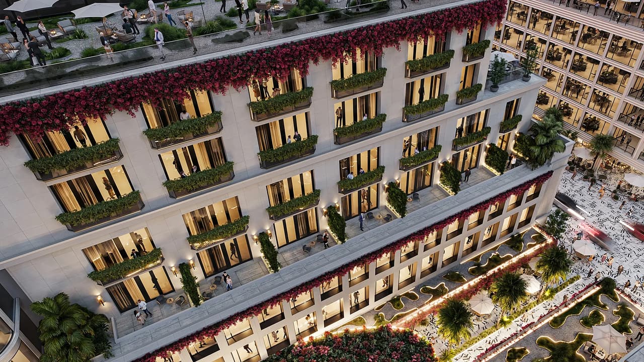 Photorealistic exterior 3D rendering of a luxury hotel with a rooftop terrace