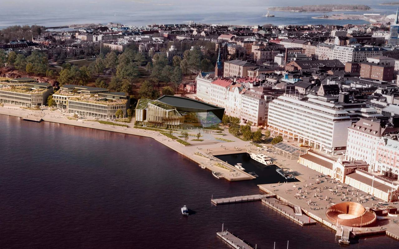 Aerial exterior render of a waterfront architectural complex along the shoreline