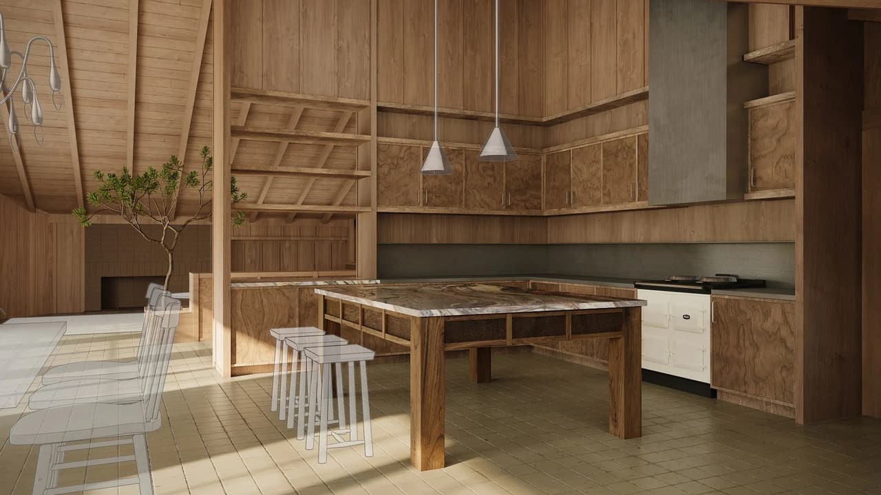 White-ghosted furniture rendering of a kitchen with marble-top island, wood cabinetry, and exposed timber framing (tile floor option)