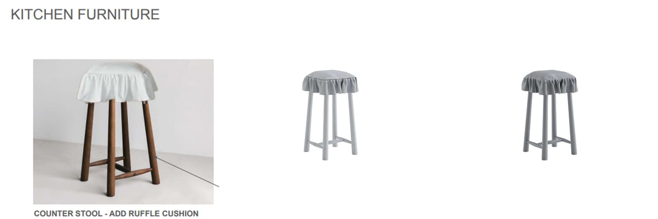 Custom 3D furniture modeling: reference photo of a counter stool with ruffle cushion alongside two views of the finished 3D model