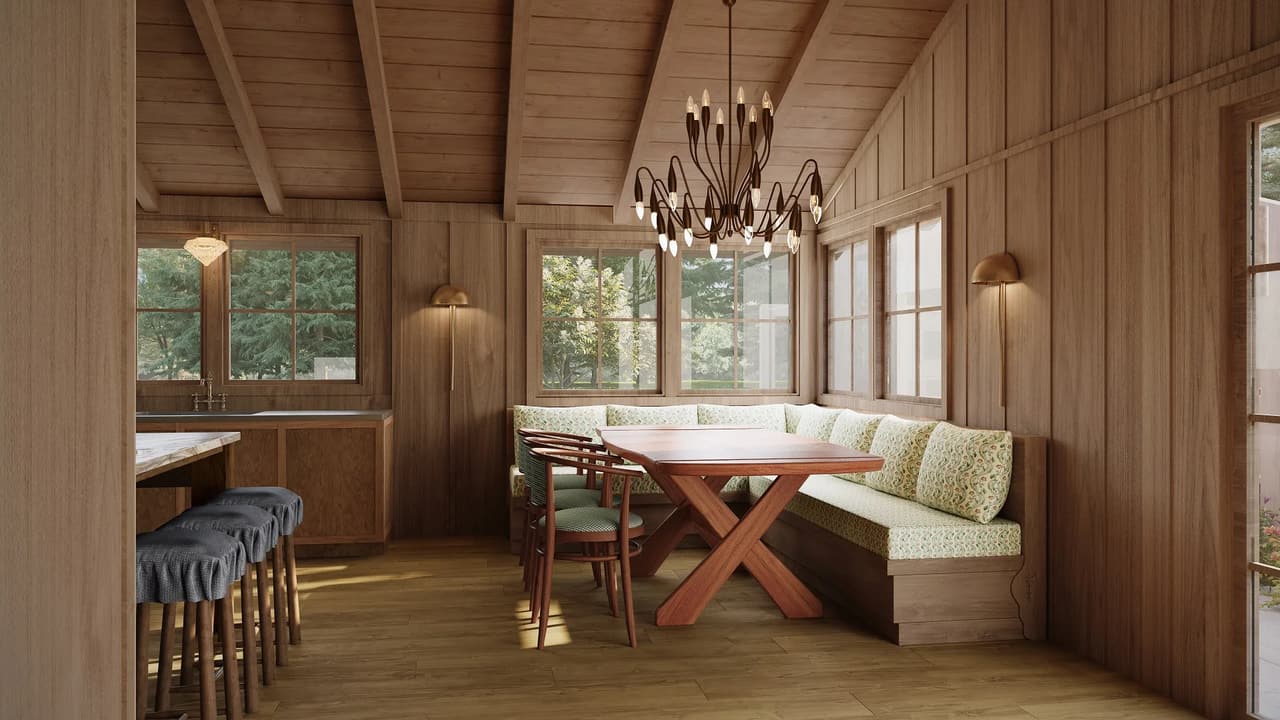 Interior rendering of a dining niche with built-in floral banquette, cross-leg wood table, ruffle-cushion bar stools, and custom chandelier under a vaulted wood ceiling