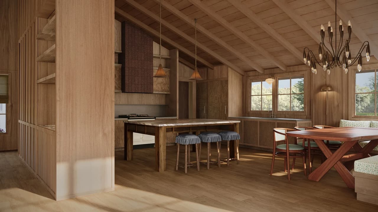 Interior rendering of a kitchen and dining area with wood-paneled walls, marble island with ruffle-cushion stools, custom chandelier, and banquette seating