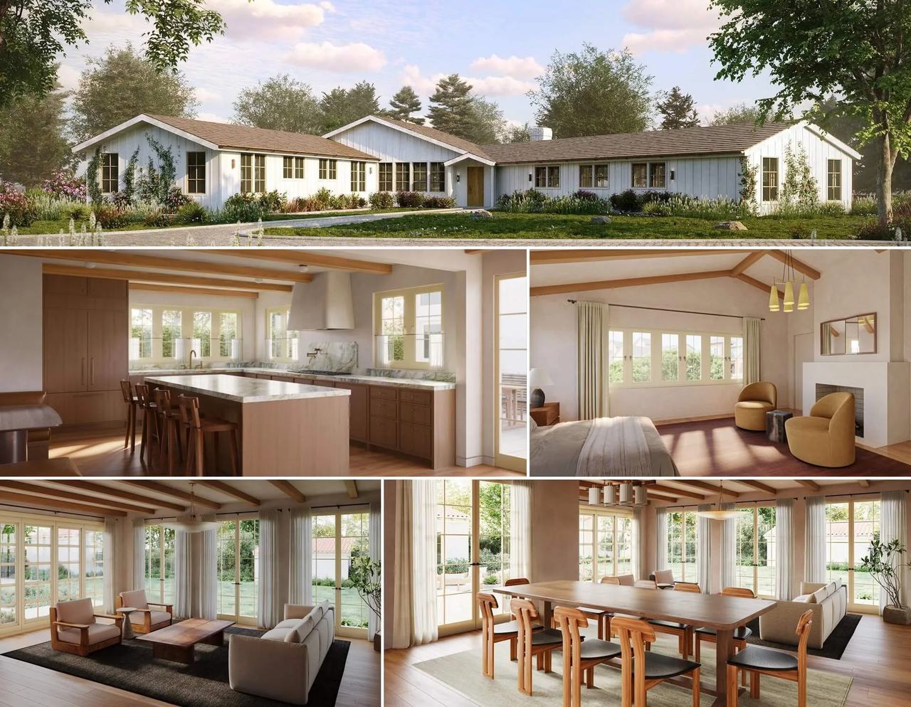 3D rendering project results for a design studio: a farmhouse exterior with landscaped driveway, marble-island kitchen, vaulted-ceiling bedroom with fireplace, living room with French windows, and beamed-ceiling dining room