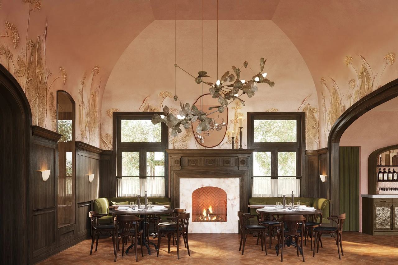 Interior rendering of a restaurant dining room with vaulted plaster ceiling, botanical relief murals, marble fireplace, olive-green banquettes, and sculptural chandelier