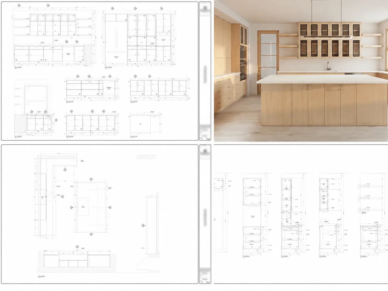 Millwork shop drawings for custom kitchen cabinetry shown alongside a 3D rendering of the finished kitchen design
