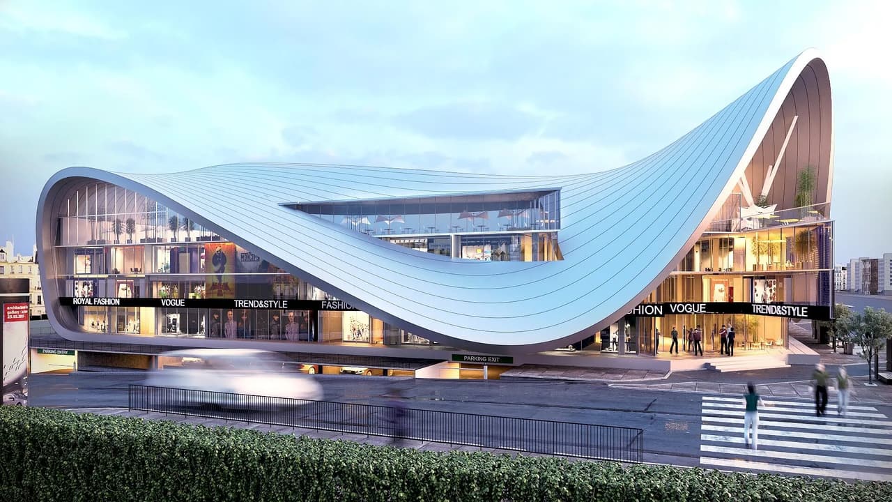 Exterior 3D rendering of a shopping center with a curved roof and illuminated storefronts