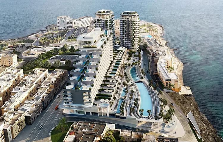A large seafront resort complex with pools, hotel blocks, and waterfront views shown in an architectural 3D visualization