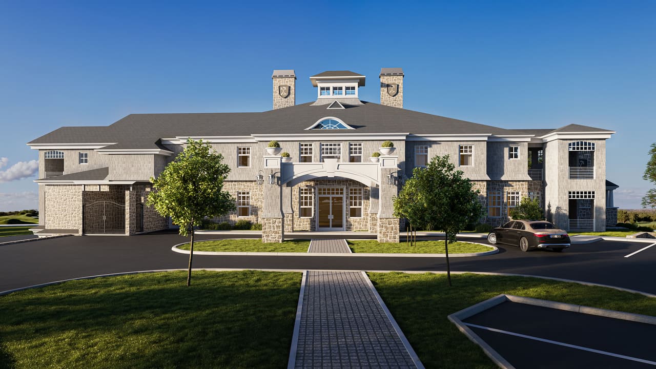 3D rendering new york indian hills clubhouse entrance