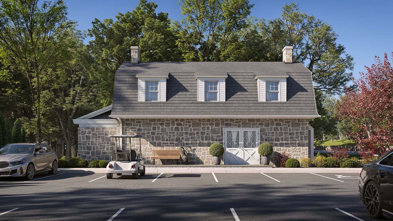 3D rendering new york indian hills stone cottage