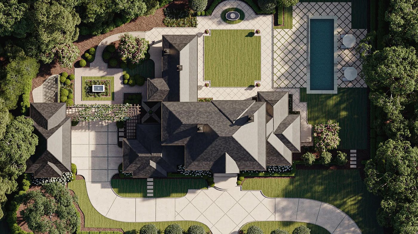 Aerial house 3D rendering showing the roof and garden layout
