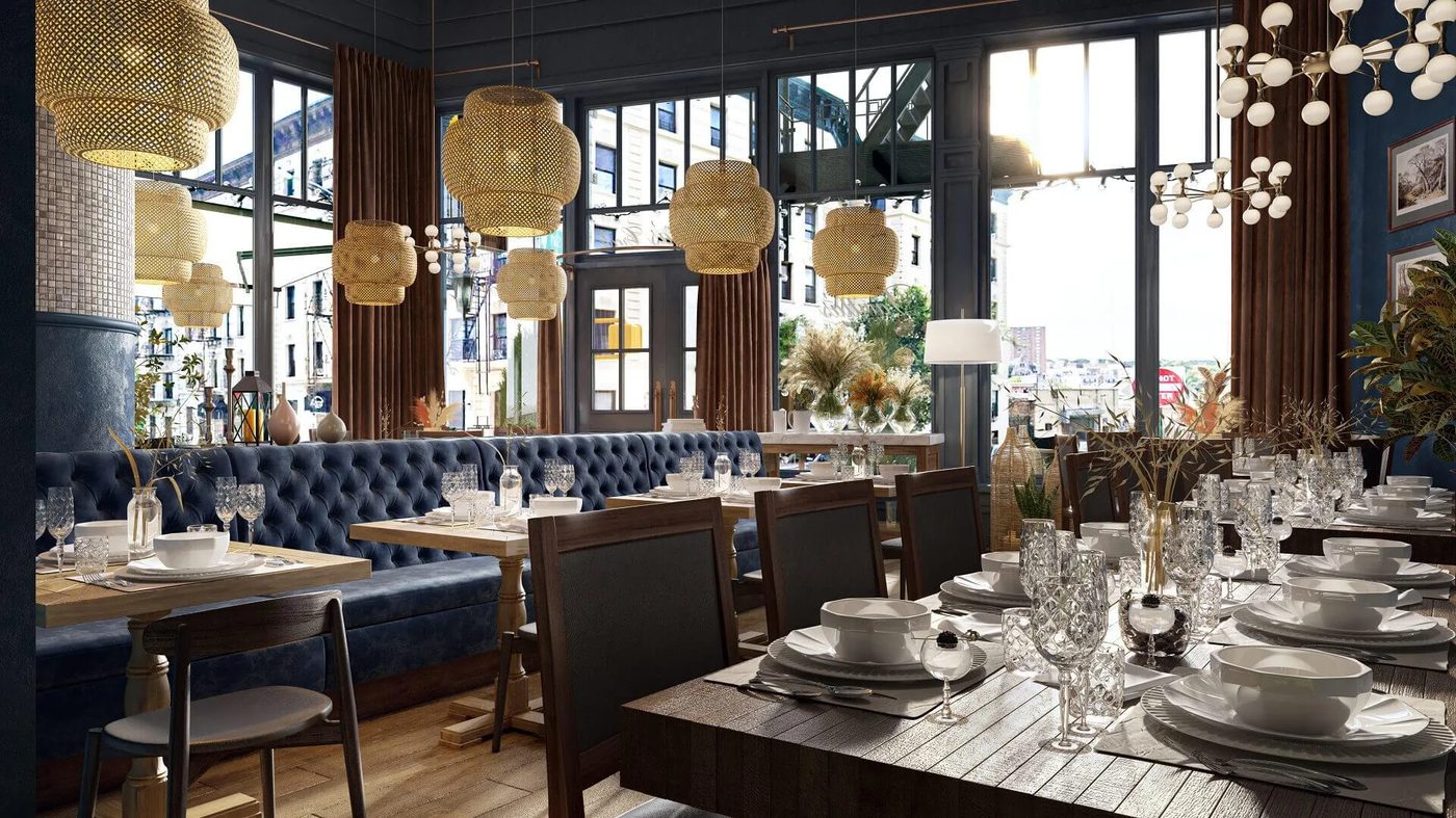 3D restaurant design close-up: laid tables against a tufted banquette by the windows
