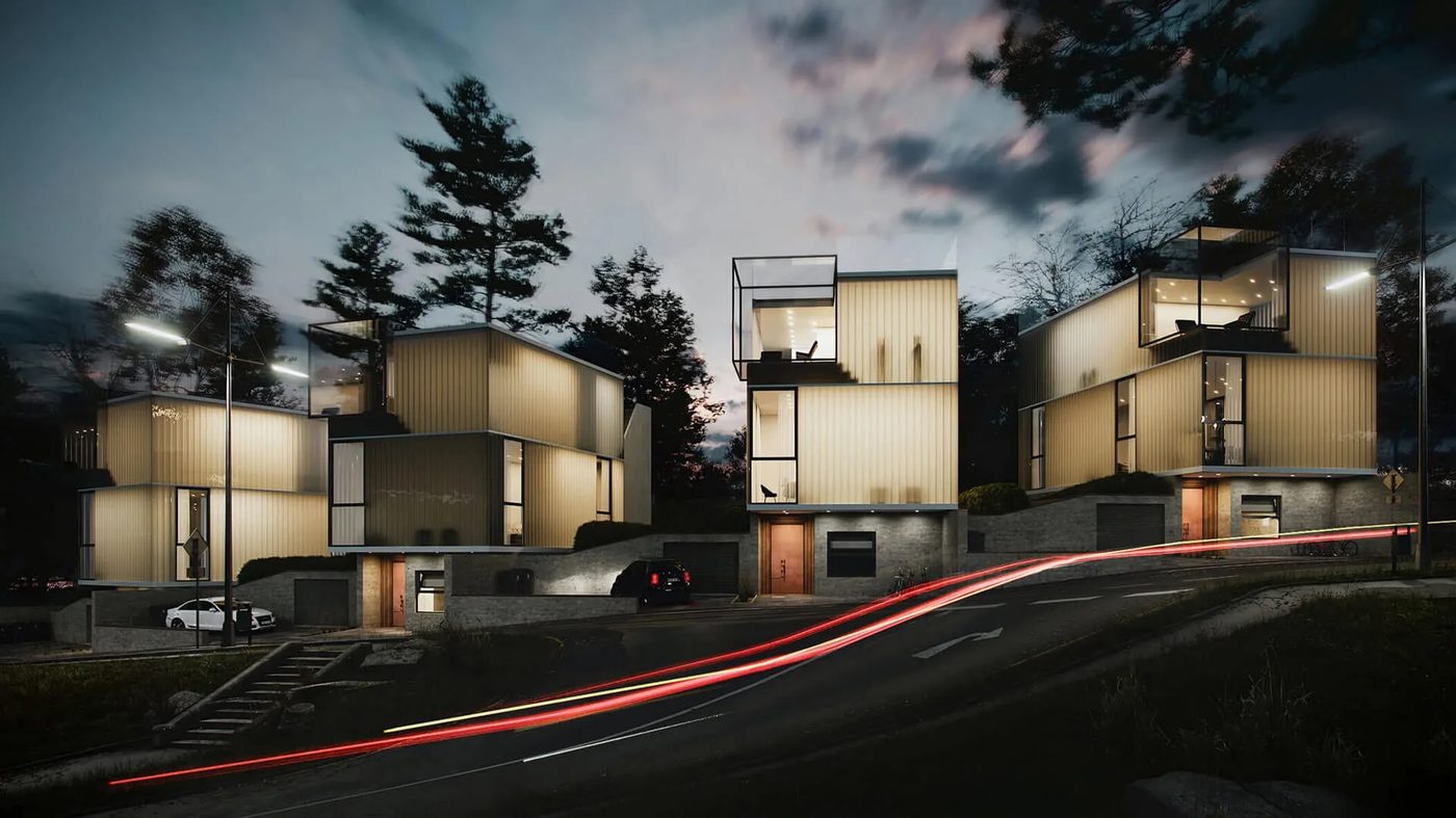 Family house exterior at dusk: street view of modern houses with lit interiors