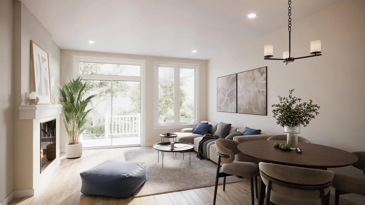 Living room interior render of a family home