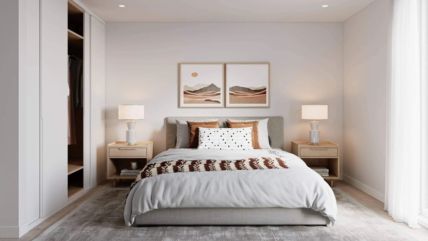 Real estate 3D image of a bedroom with a built in wardrobe and framed art
