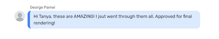 Client feedback screenshot approving a 3D virtual rendering