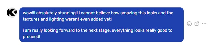 Client feedback screenshot about a photorealistic 3D animation project