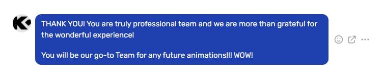 Client comment screenshot about photorealistic 3D animation