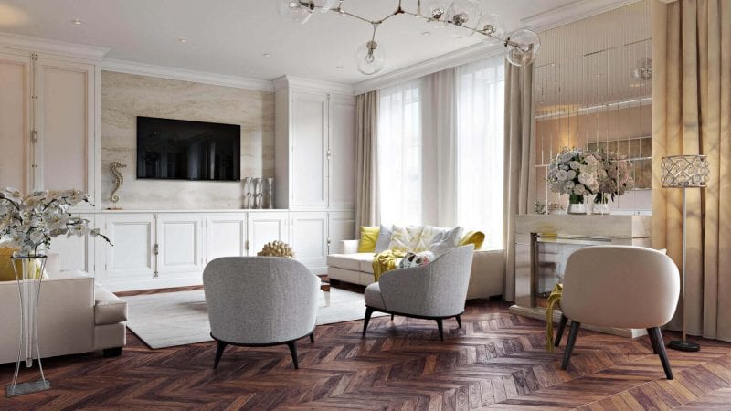 High-quality V-Ray render of a living room interior