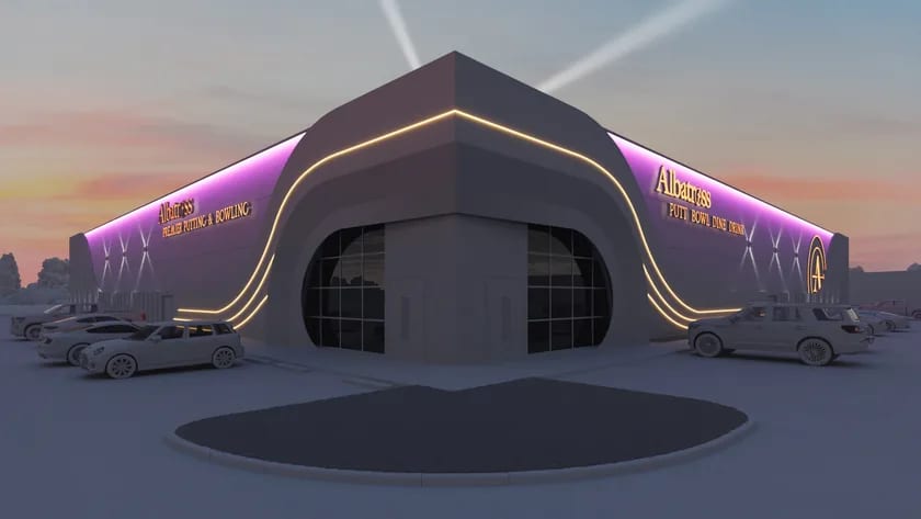 Hospitality rendering — grayscale exterior for approval