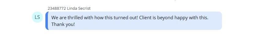 Chat message in which the client thanks the team for the finished 3D photomontage