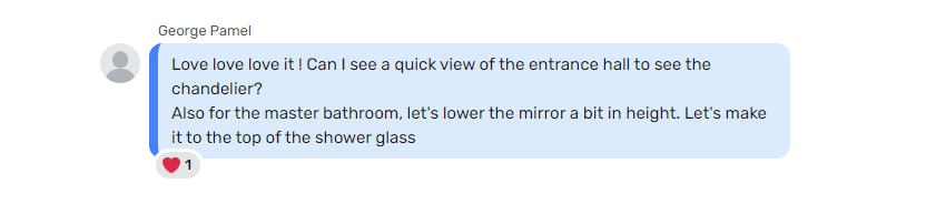 Client feedback screenshot requesting an edit to a 3D virtual tour render