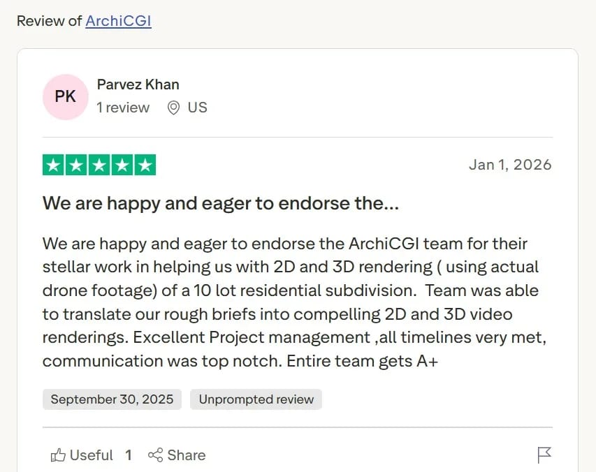 Trustpilot 5-star review by Parvez Khan for ArchiCGI's site plan rendering and 3D animation of a residential subdivision using drone footage