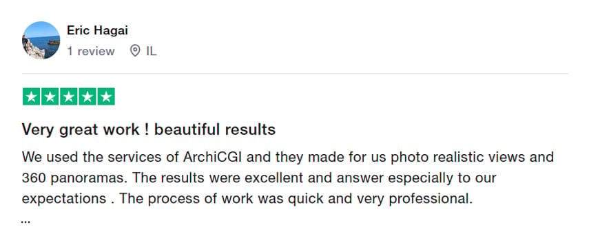 Trustpilot review screenshot praising 3D virtual tour results