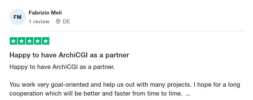 Trustpilot review praising ArchiCGI as a reliable partner for architectural CGI projects