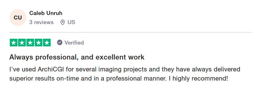 Trustpilot review praising ArchiCGI's professional project delivery